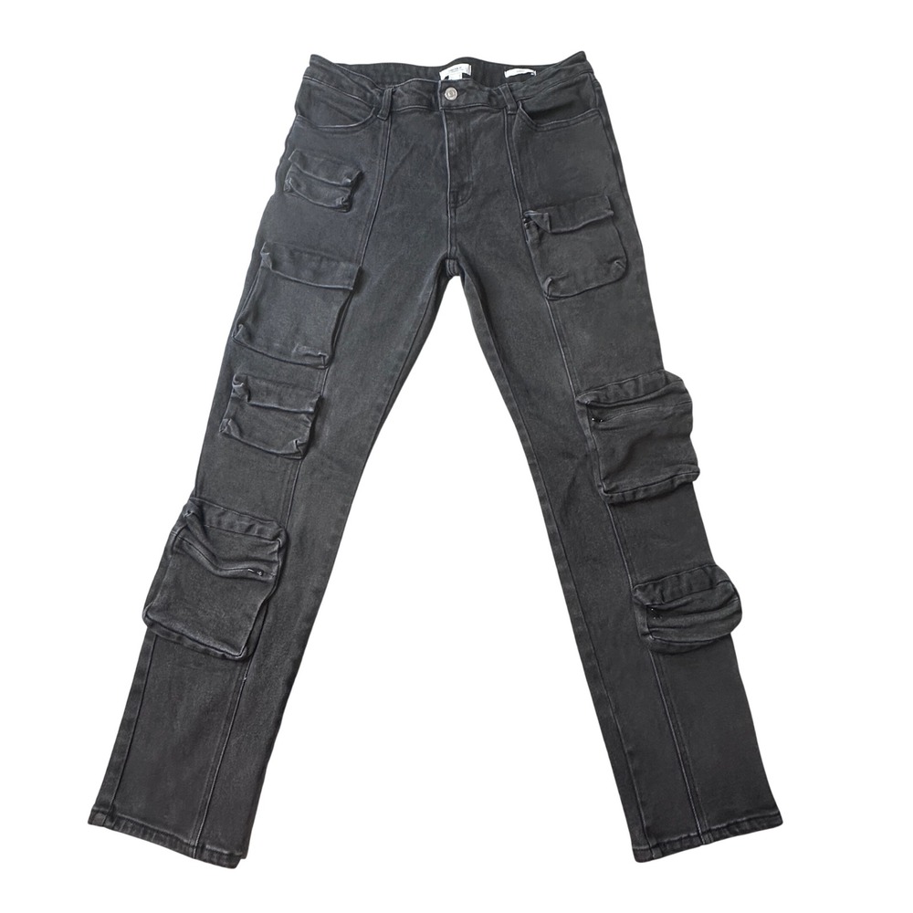 Forever 21 Cargo Jeans Women 30 Black Premium Multi Pocket Utility Stretch Denim